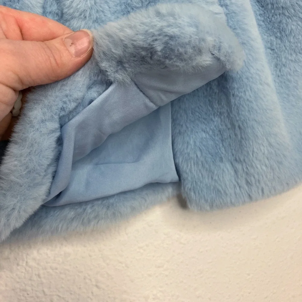 Janie and Jack Faux Fur Coat Ice Blue w/ Navy Bow Dressy Outerwear 12-18‎ months